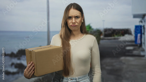 Canvas Print Woman holding cardboard box with hand gripping package and pouting face, long hair over shoulder on street near seaside walkway; delivery frustration