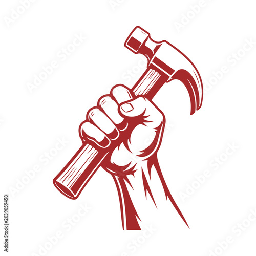 Hand holding hammer icon. Construction tool