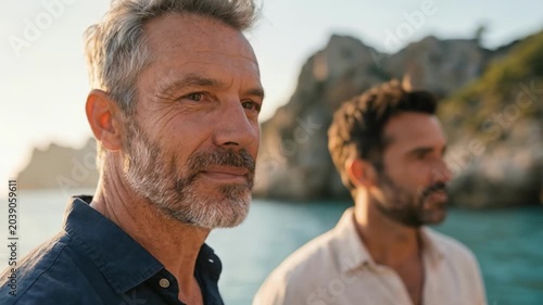 Two mature smiling caucasian men with beards enjoying conversation on yacht near rocky cliffs at sunset