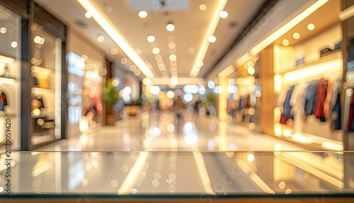 A brightly lit, blurred interior of a shopping mall corridor with glowing lights and store displays.
