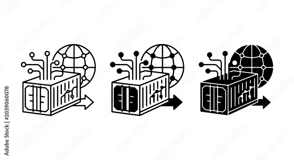 Fototapeta premium Digital Shipping Container Icons, Global Logistics Technology, Data Transfer Icons, Worldwide Network Icons