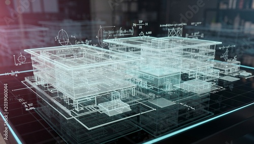 Futuristic Blueprints and Digital Architectural Wireframe Construction Concept