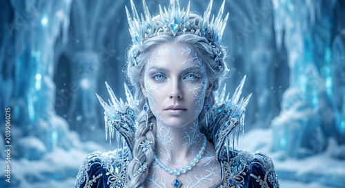 Portrait of a beautiful Ice Queen with glowing frost patterns and an icicle crown