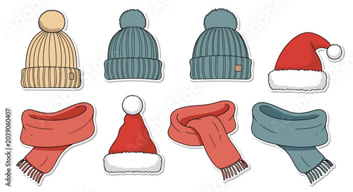 Winter accessory sticker set featuring various cozy knitted hats, santa hats, and warm colorful scarves for cold weather.