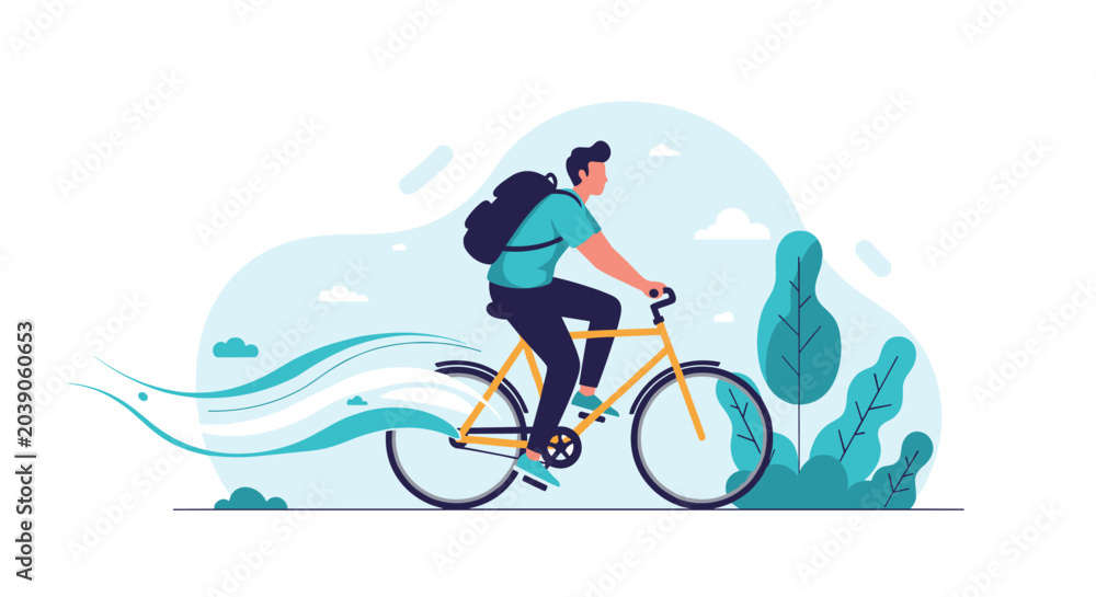 Fototapeta premium Active young man riding a yellow bicycle with a backpack in a park setting for commuting or healthy daily exercise.