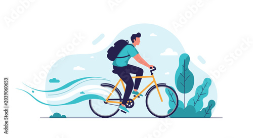 Active young man riding a yellow bicycle with a backpack in a park setting for commuting or healthy daily exercise.