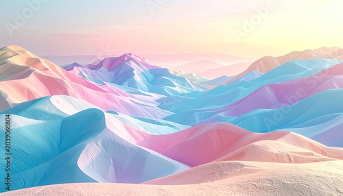 Surreal desert landscape with pastel-colored sand dunes under a soft sky.
