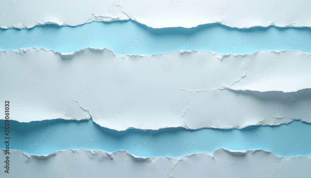 Fototapeta premium Torn paper strips overlay light blue background. Layers create depth and space for text. Minimalist design uses clean edges and soft lighting for a calm aesthetic.