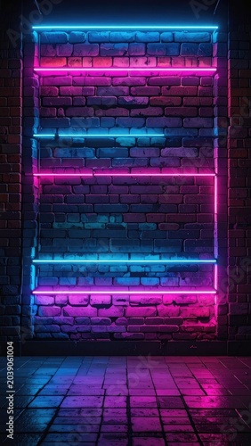 Neon lights illuminating a brick wall and tiled floor.