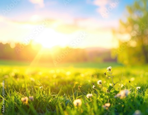 A sun-drenched meadow with wildflowers and green grass under a bright blue sky.