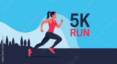 Athletic woman running a 5K race outdoors during sunset with city skyline silhouettes in the background scenery.