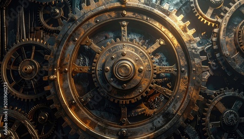 Intricate and weathered gears mesh together, hinting at complex machinery and industrial processes.