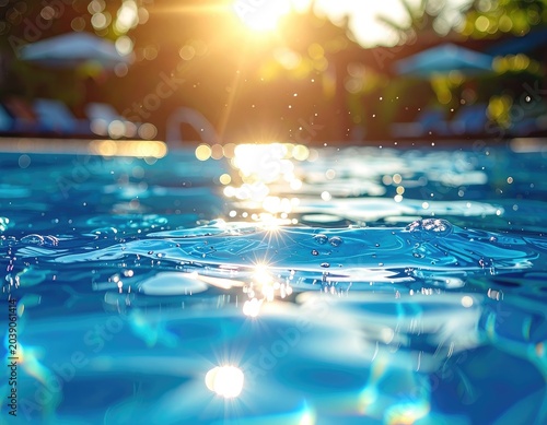 Sunlight glints on shimmering blue swimming pool water.