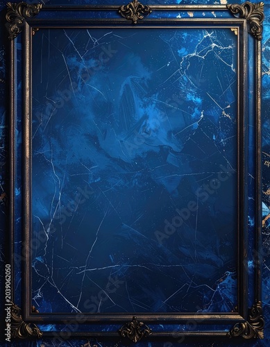 An ornate vintage frame surrounds a textured, deep blue background.