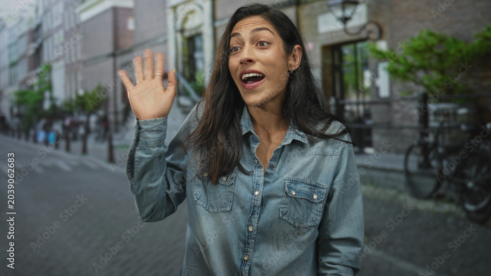 Fototapeta premium Woman smiling with face visible and waving hand on a cobblestone street by a building; friendly joy.
