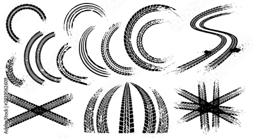 Tire tread marks after skidding, launch, drift, powerslide in motorsport, rally, off-road, motocross. Wheel texture with splash effect. Vector, transparent background PNG version.