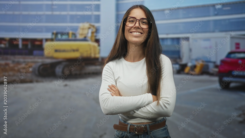 Fototapeta premium Woman gives thumbs up and points with finger in front of a construction building while smiling with arms crossed in other frames; confidence.
