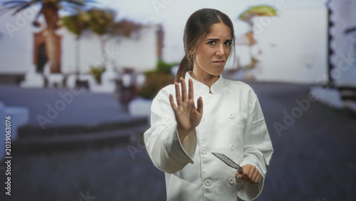 Εκτύπωση καμβά Woman chef holds spatula and raises hand palm out for stop on street; defiance professional resolve