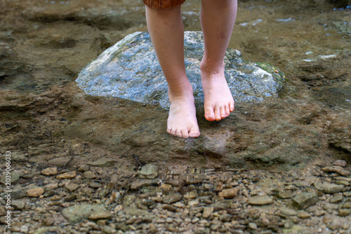 Schilderij op canvas Frontal close-up of a child's legs standing still on a large, algae-tinted rock just under the surface of a transparent, pebbly woodland stream