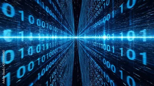Blue binary code tunnel and digital data stream background