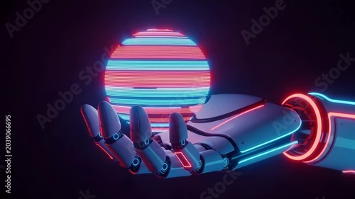 Futuristic robotic hand holding glowing digital sphere
