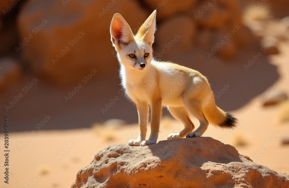 Fototapeta premium Small fennec fox stands on sandy rock in arid desert landscape. White yellow mammal with large ears looks right. Wild animal in natural habitat.