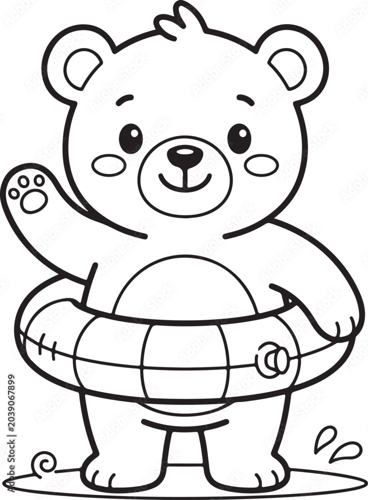 Fototapeta premium Coloring page for kids with cute baby bear. Cartoon bear with inflatable swimming ring. Summer theme activity sheet for children. Black and white vector illustration. Minimalist bear line art