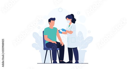 Professional female nurse wearing a face mask giving a vaccination shot to a man sitting in a clinic or medical office.