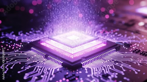 Advanced microchip processor with glowing digital data connections