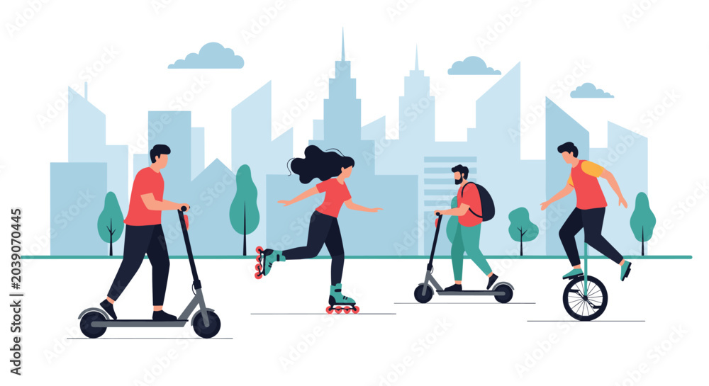 Fototapeta premium Diverse group of people using electric scooters, roller skates, and a unicycle for sustainable urban transportation against a city skyline.