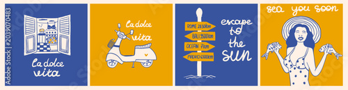 Konstfotografi Set of four summer travel illustrations with wooden road sign, vintage scooter, open window view, and a woman holding fish