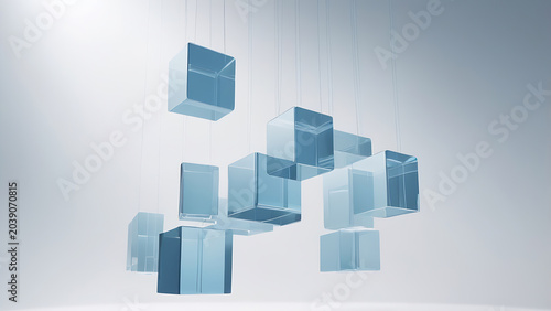 Suspended Weightless Composition Of Floating Matte White Blocks