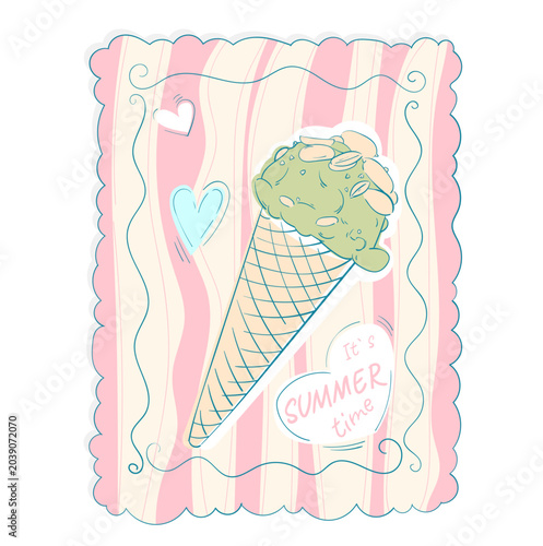 A hand-drawn ice cream logo template with nuts and pistachios. A cute summer card. The logo features a trendy linear style.
