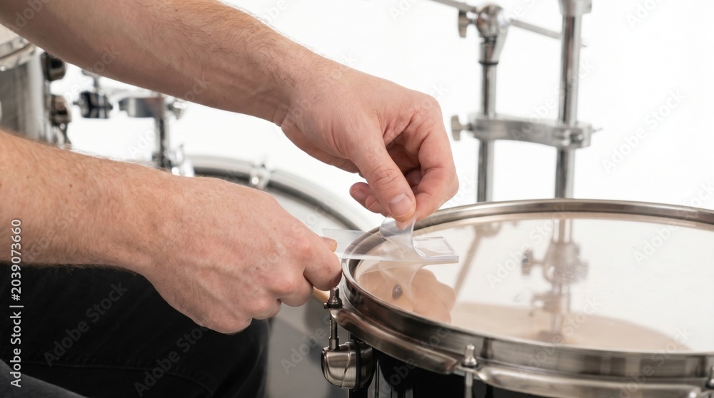 Fototapeta premium Drummer hands applying a clear dampening gel pad to a snare drum head in a studio