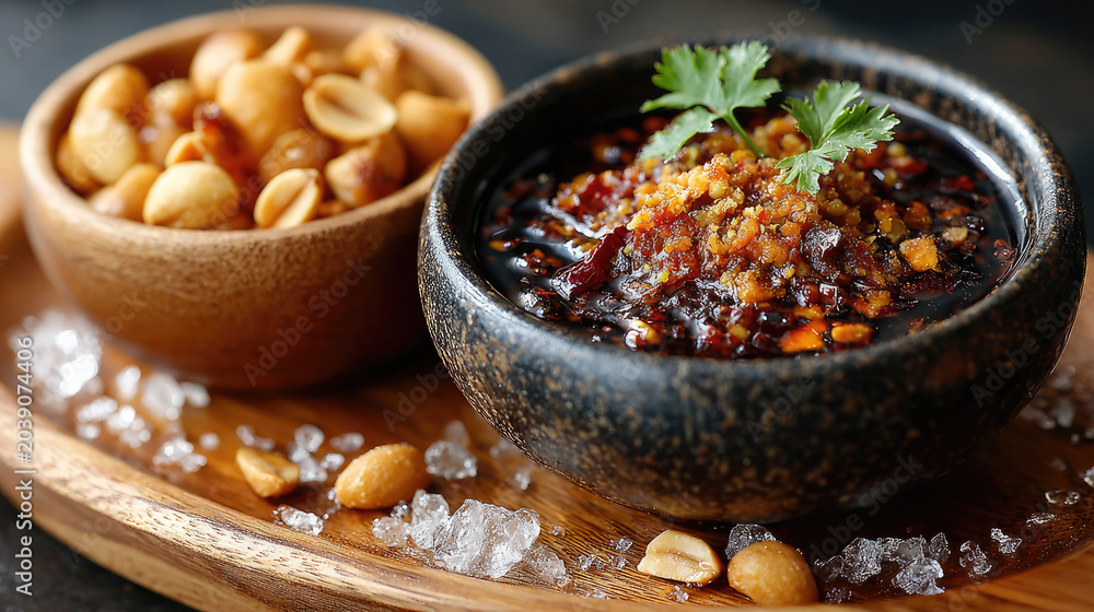 Fototapeta premium Chili crisp oil sauce with a crunchy topping, providing a spicy umami flavor, served alongside roasted peanuts and sea salt flakes on a wooden tray