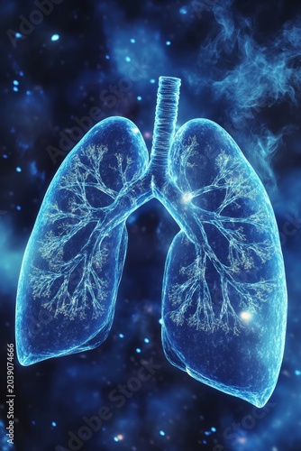 Digital art shows human lungs in bright blue colors against a dark background with abstract design elements