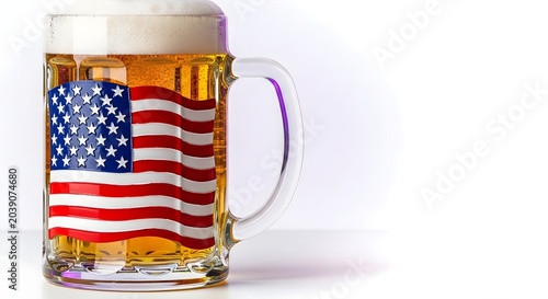 Independence day celebration frosted mug of beer with american flag design for patriotic holiday marketing