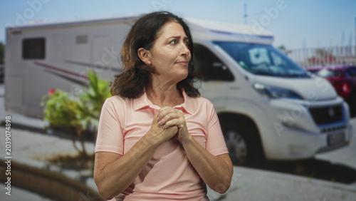 Fotografía Woman clasping hands over chest beside campervan on street, eyes closed in a pleading prayer gesture; anxiety prayer