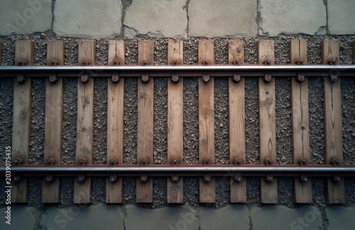 View from above on railway tracks with wooden sleepers and gravel ballast. Metal rails form a parallel line on a stony foundation. This industrial scene shows a transportation route.