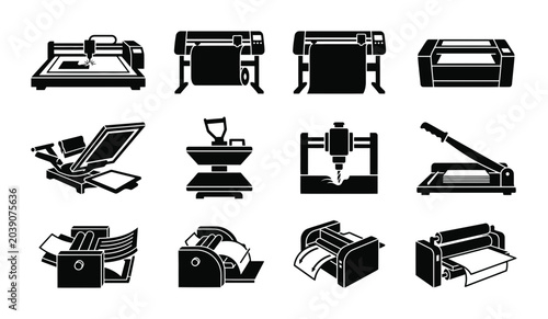 Printing and Cutting Machines, Vector Icons Set: Plotter, Printer, Heat Press, Laser Cutter, Digital Press, Vinyl Cutter, Die Cutter, Industrial Equipment