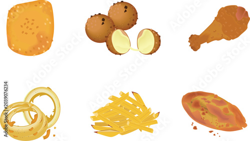 Set of fried food isolated on white background: Chicken nugget, Cheese ball, Drumstick, Onion ring, French fries, and Fried fish.