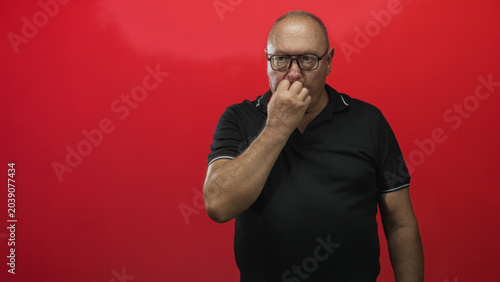 Photos Man pinches nose with hand in studio against red wall wearing black polo and glasses; disgust aversion