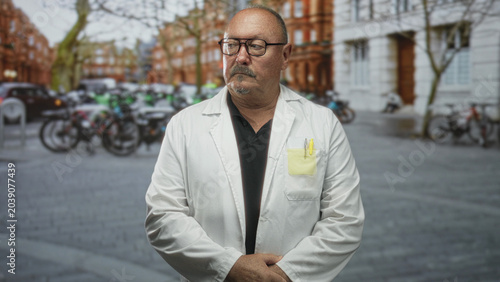 Foto Man doctor in white coat with hands clasped, yellow pen in chest pocket, standing on urban street with bicycles and redbrick buildings; serious dignity