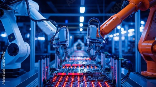 Automated robotic arms on industrial assembly line