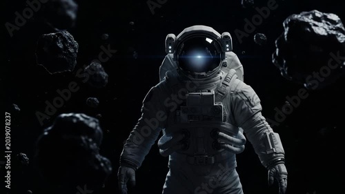 Astronaut floating in deep space surrounded by asteroids