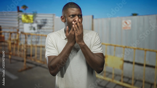 Billede på lærred Man covers mouth with hands on street near rusted metal barriers and warning sign, wearing a light polo shirt and looking startled; fear