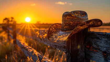 A cowboy hat rests on a rustic wooden fence at sunset in a rural landscape.