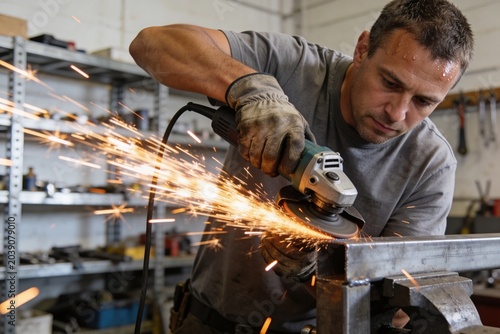 A man in a workshop works with a grinder on metal.