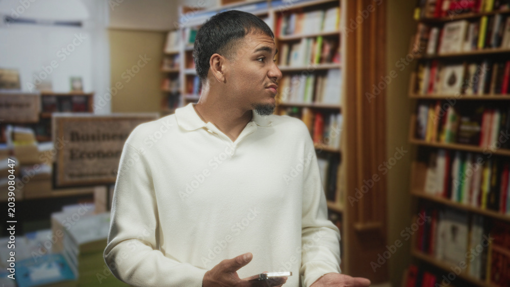 Fototapeta premium Man in white sweater holds smartphone with palms up in a bookstore building, glancing sideways as if asking a question; confusion.
