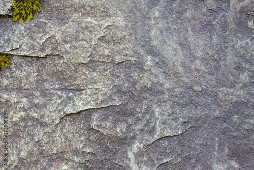 Close-up texture of a weathered grey stone surface with patches of green moss